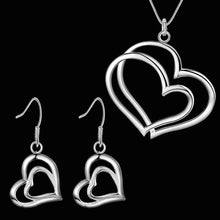 Load image into Gallery viewer, Hot 925 sterling Silver Jewelry sets for women fine Double Heart earrings stud necklace 18 inch Fashion Party wedding girl Gifts 2022