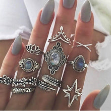 Load image into Gallery viewer, 11Pcs/Set Retro Finger Ring Set Boho Crown Star Silver Carved Knuckle Rings for Women Jewelry Gifts 2022

